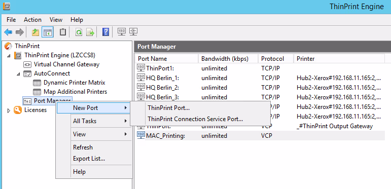 Create a new port via the port manager