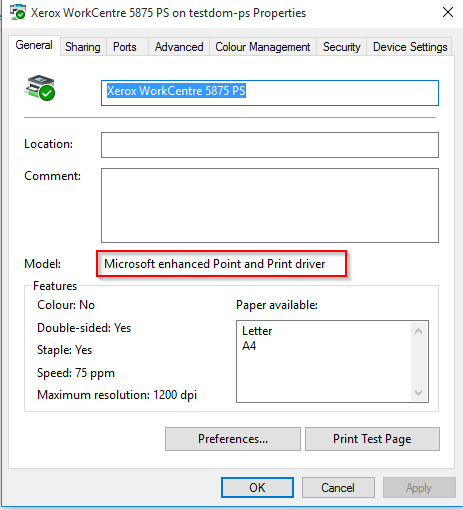 Microsoft enhanced Point and Printing driver on the client
