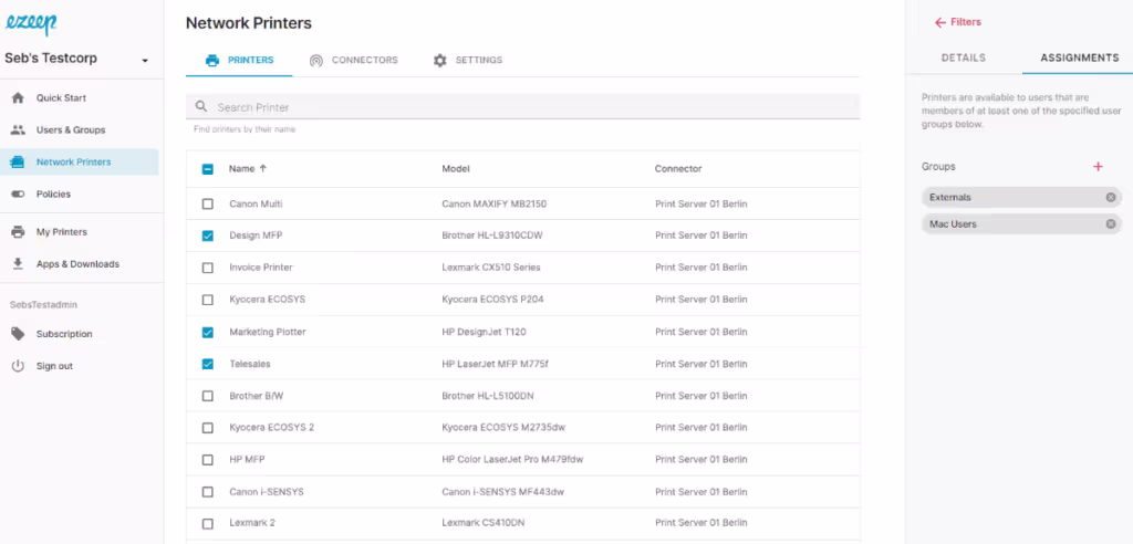 Easy printer assignment in the ezeep Blue web console