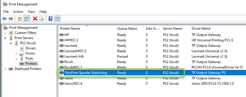 The virtual printer “ThinPrint Spooler Watchdog” in the printer list