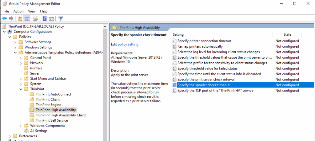 ThinPrint High Availability Group Policy: “Specify the spooler check timeout”