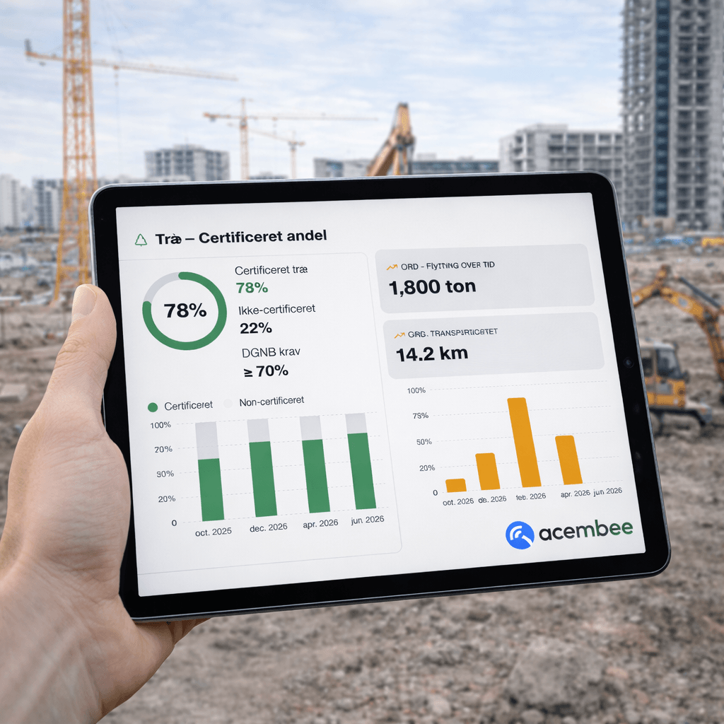Tablet på byggeplads med Acembee DGNB-dokumentationsplatform åben, der viser materialestatus og certificeringsoverblik