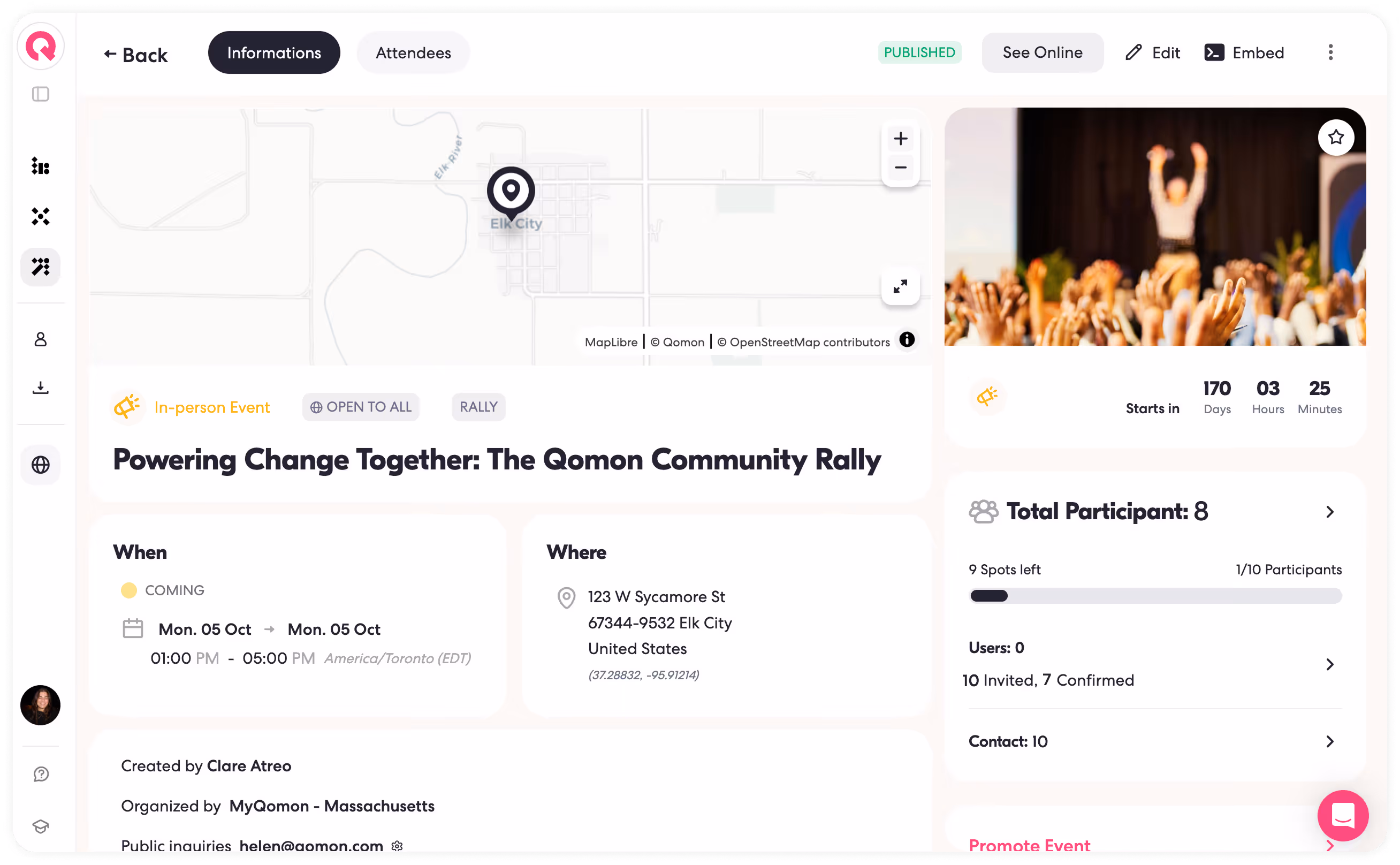 Event page for The Qomon Community Rally in Elk City with date, location, participants, and countdown timer.