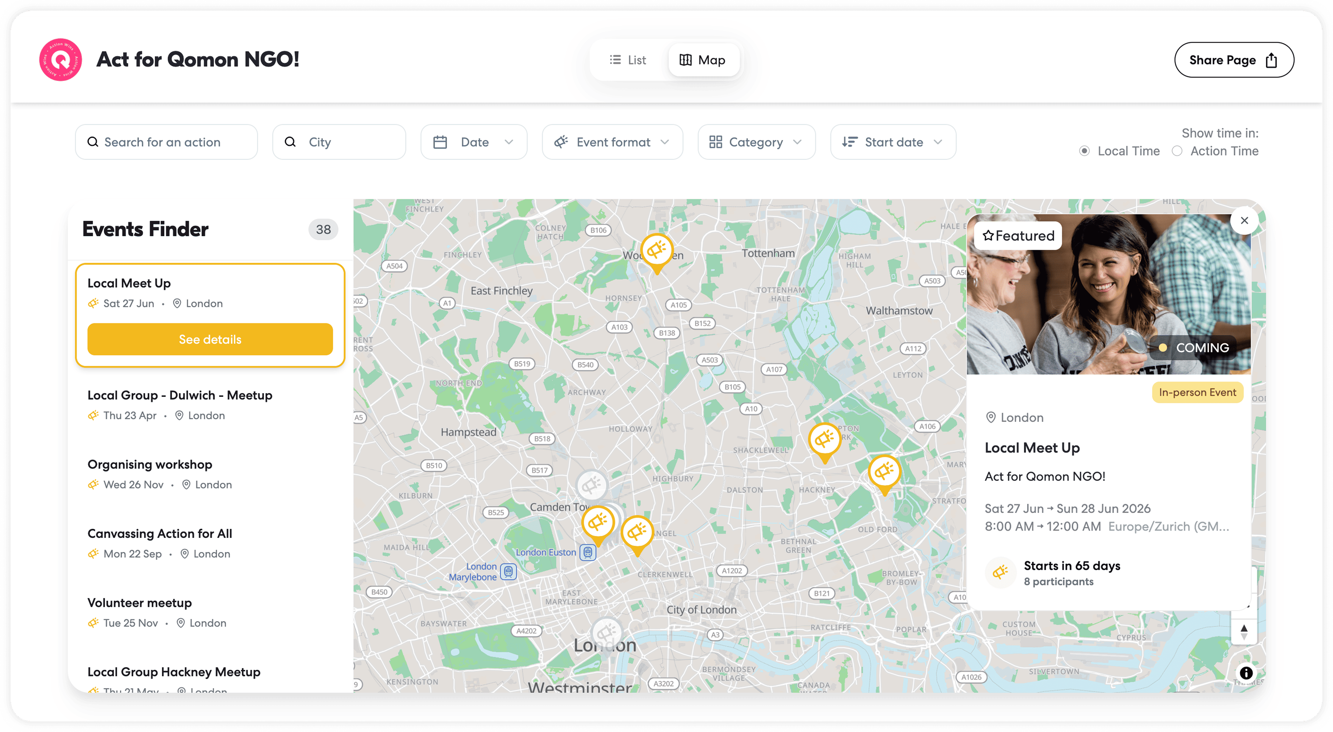 Interactive event map and list of upcoming London meetups for Qomon NGO with details for a featured meetup.