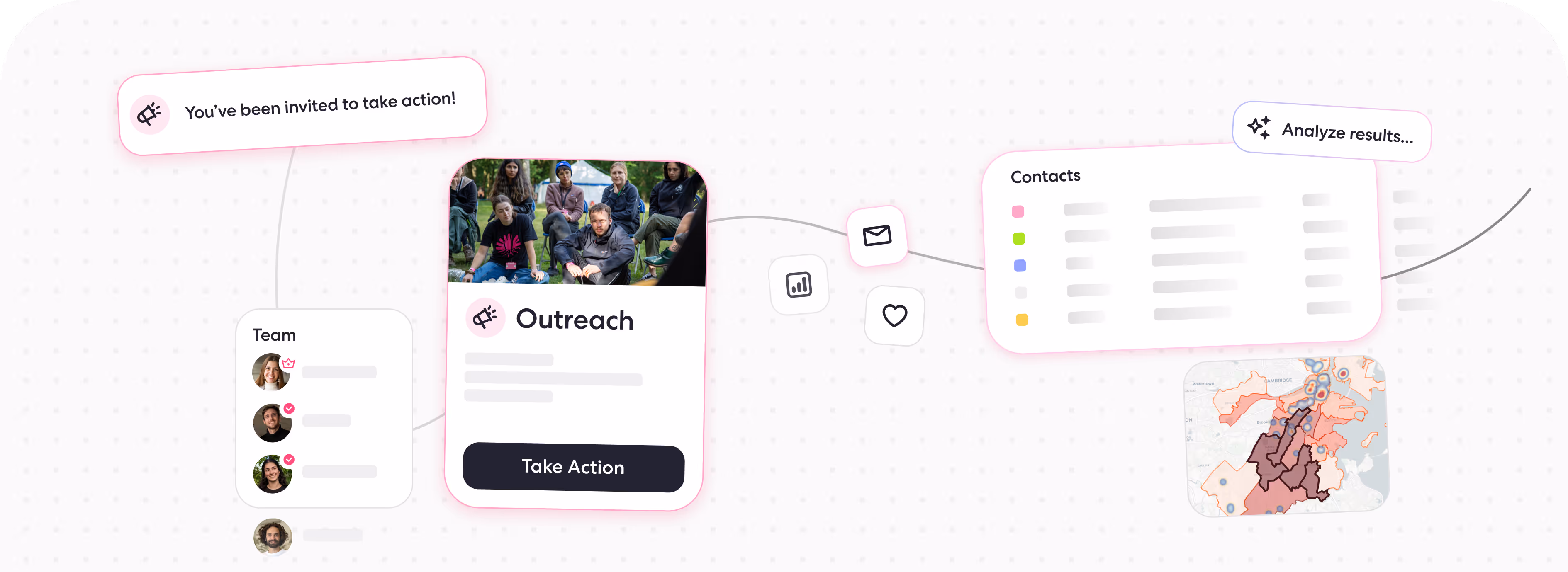 Diagram showing team members linked to an outreach group, contacts list, and a regional map for analysis.
