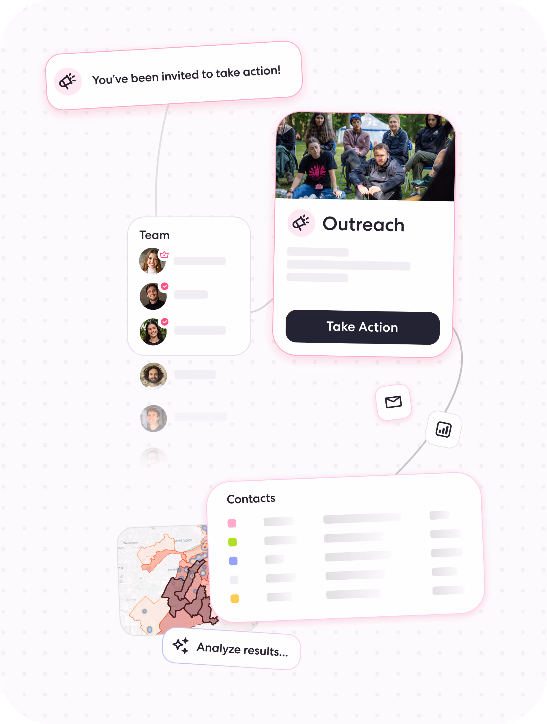 Diagram showing team members linked to an outreach group, contacts list, and a regional map for analysis.