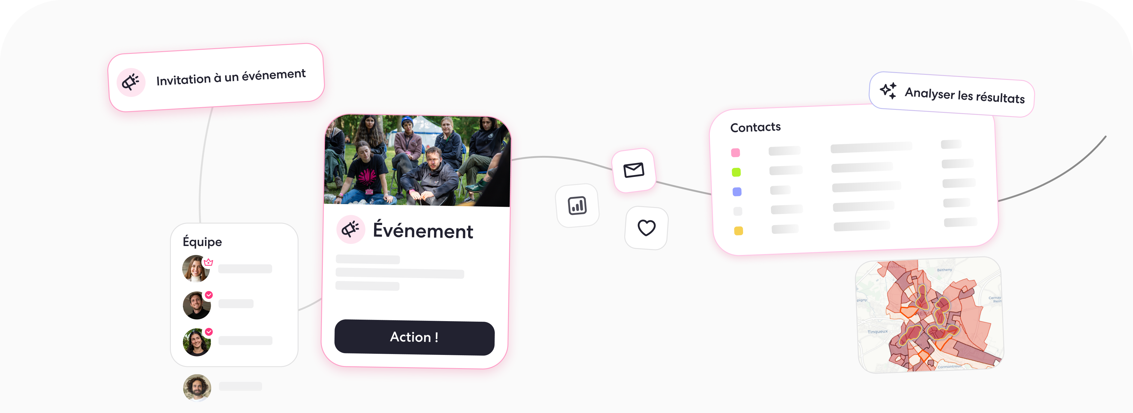 Diagramme montrant les membres de l'équipe liés à un groupe de sensibilisation, une liste de contacts et une carte régionale pour l'analyse.