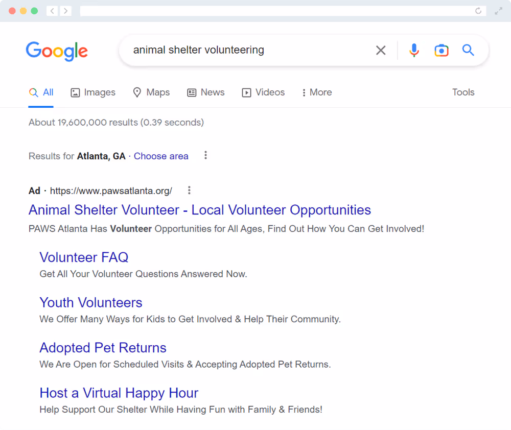 A Google result for the keyword “animal shelter volunteering” that shows an ad for an Atlanta-based shelter. 