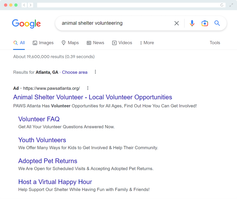 A Google result for the keyword “animal shelter volunteering” that shows an ad for an Atlanta-based shelter.