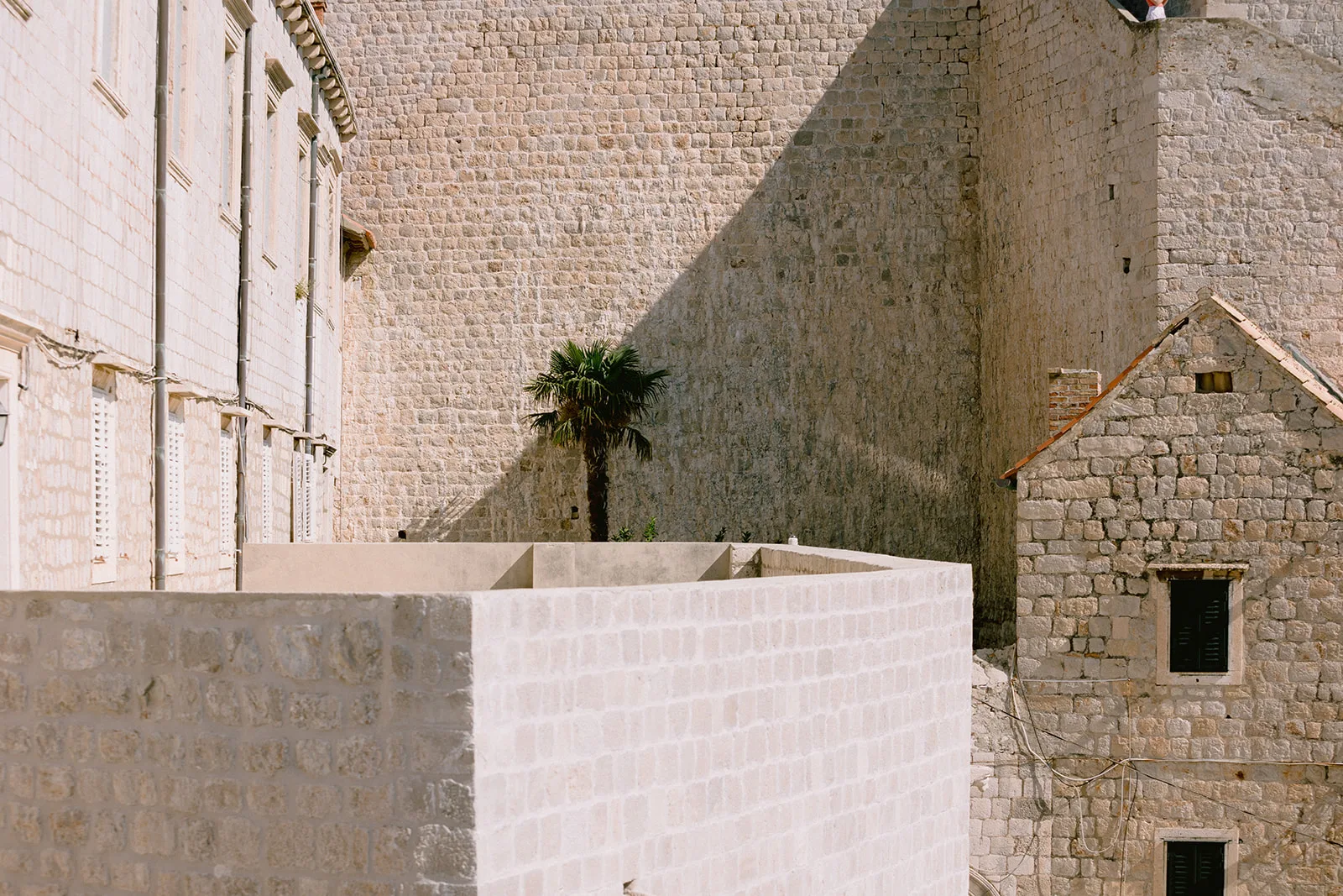 Graphic architectural view of Old Town: a pale stone building corner and terrace wall cut across a taller City Walls face in hard diagonal shadow, with a single palm tree rising between them, under bright midday sun.