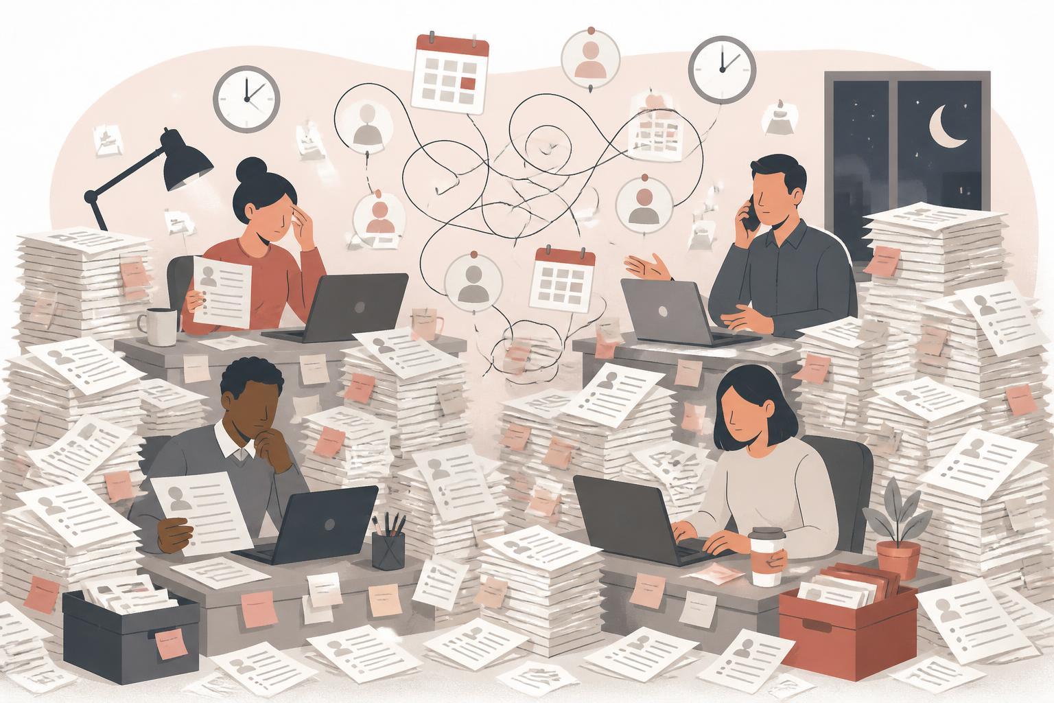 A talent acquisition team buried under stacks of resumes, tangled calendar invites and late-night calls