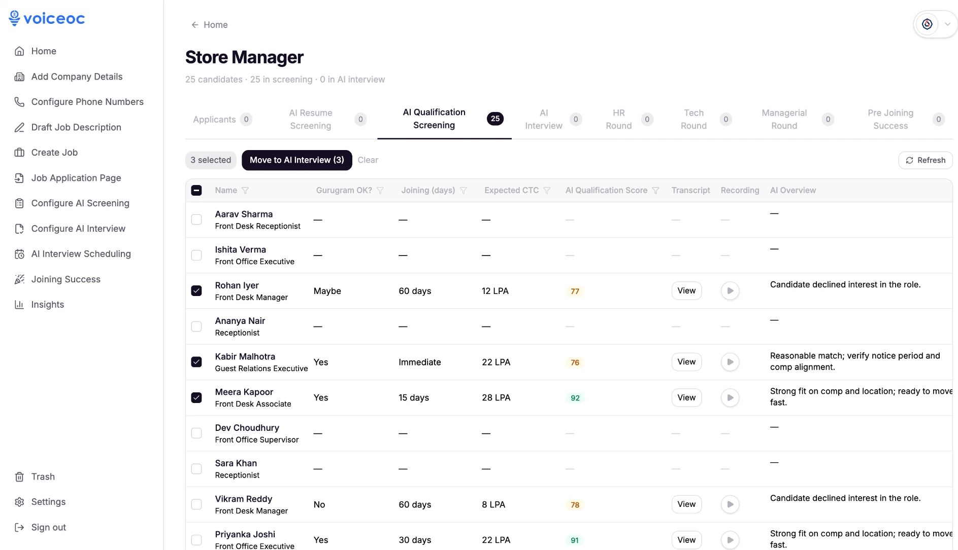 Voiceoc AI Recruiter dashboard