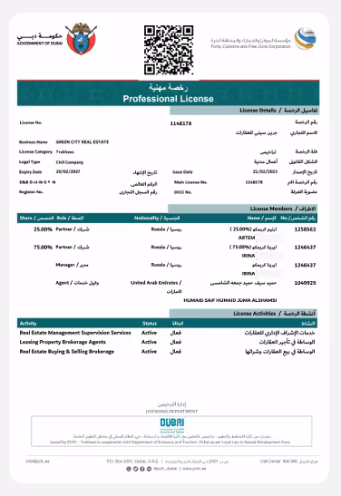Профессиональная лицензия на недвижимость, выданная GREEN CITY REAL ESTATE в Дубае с данными о лицензии, участниках и активностях компании.
