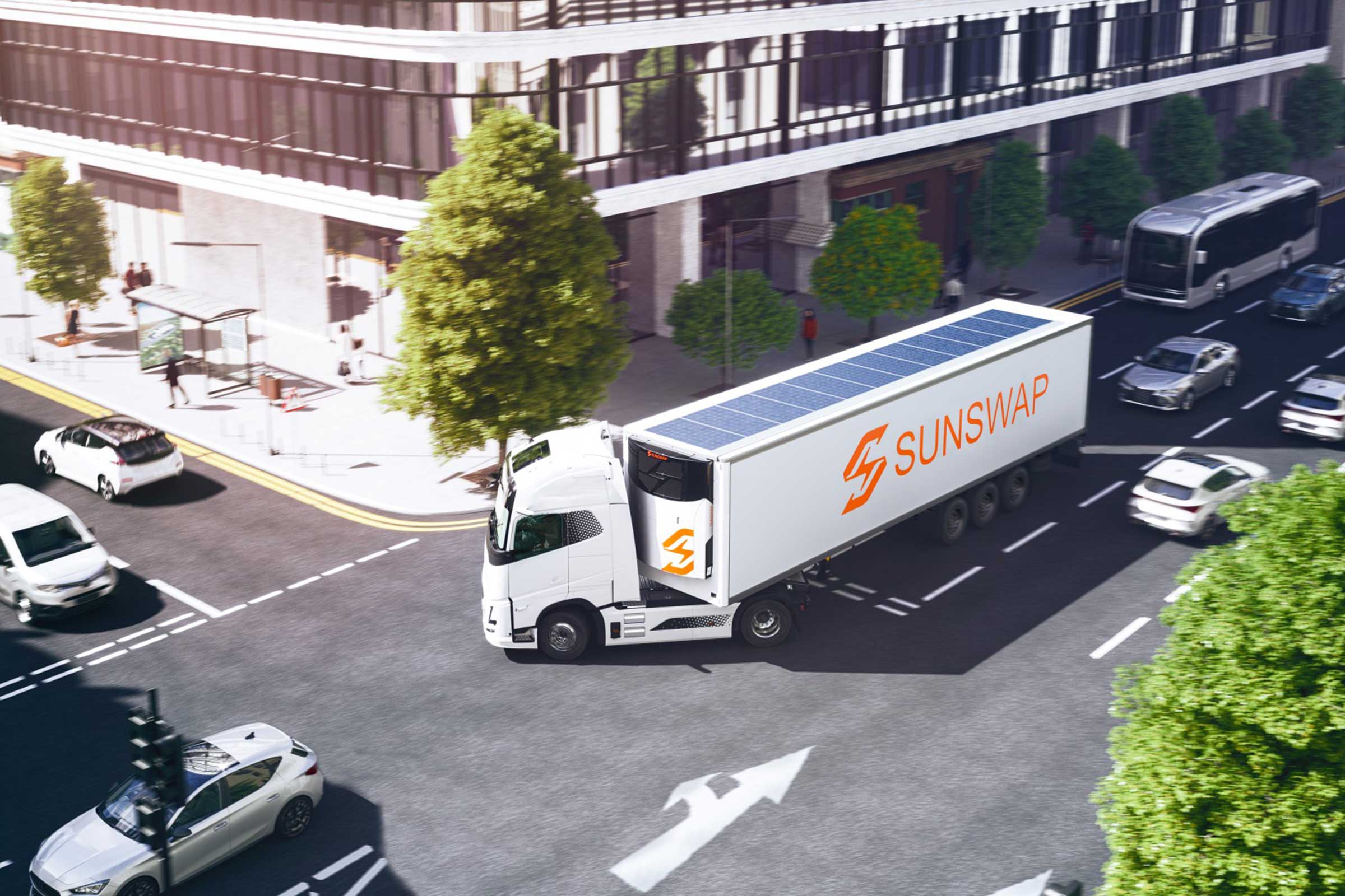 3D render of Sunswap's Endurance unit and trailer in urban surroundings, in the city. 