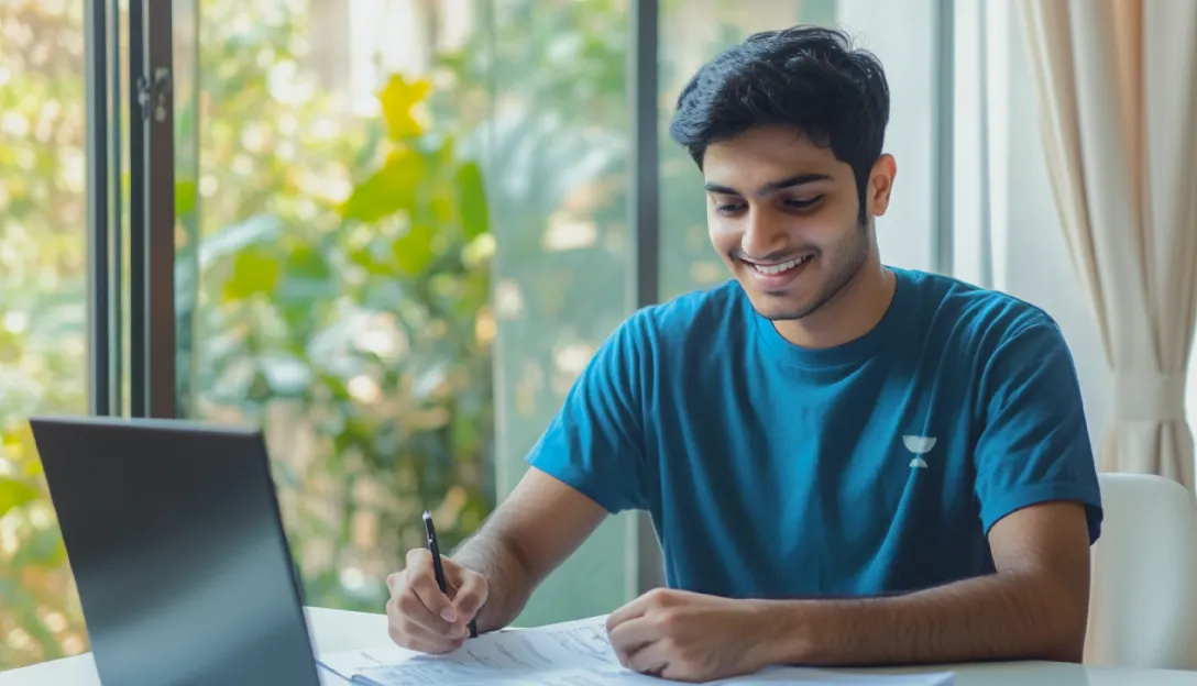 A boy giving a mock test from his home