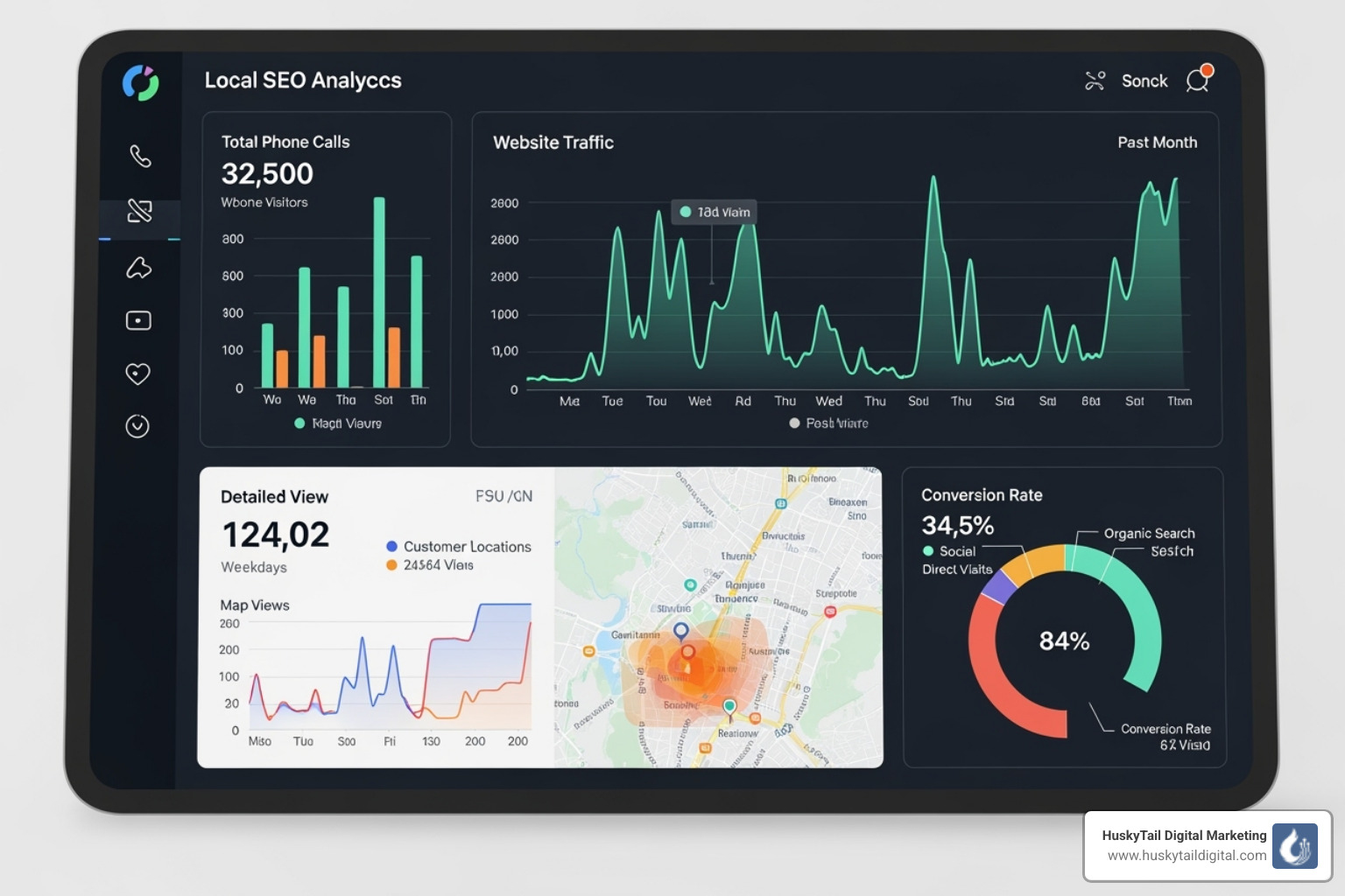 A dashboard displaying local SEO analytics, including phone calls, website traffic, map views, and conversion rates - Local SEO Chicago