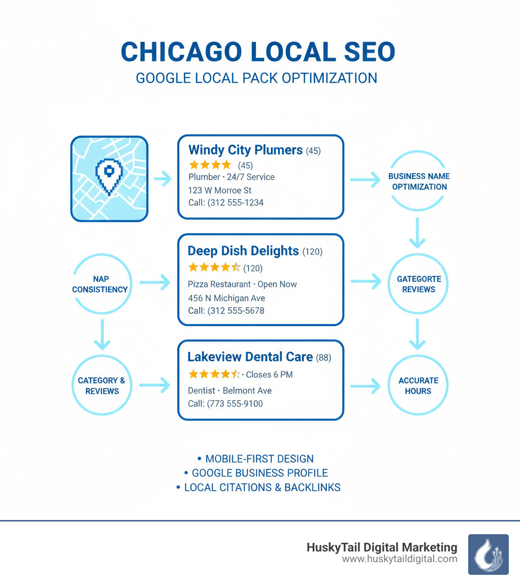 Infographic showing the Google Local Pack with three business listings on a map, highlighting key elements: business name, address, phone number, star ratings, business categories, and hours of operation, with arrows pointing to optimization opportunities - Local SEO Chicago infographic 