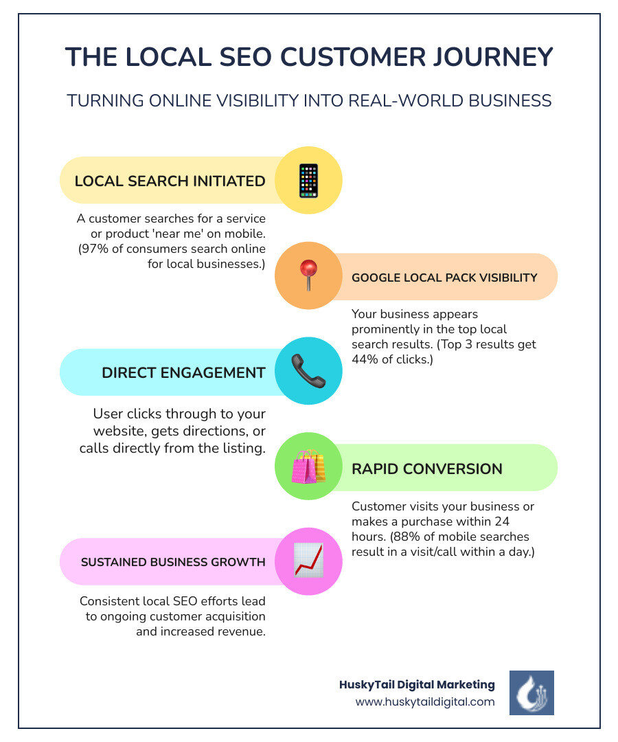 Infographic showing the local SEO customer journey: User searches on mobile → Business appears in Google Local Pack → User clicks through to website or calls → Customer visits or converts within 24 hours. Statistics overlaid: 97% of consumers search online for local businesses, 88% of mobile local searches result in a call or visit within 24 hours, businesses in top 3 local results get 44% of clicks. - local seo company las vegas infographic infographic-line-5-steps-colors Infographic showing the local SEO customer journey: User searches on mobile → Business appears in Google Local Pack → User clicks through to website or calls → Customer visits or converts within 24 hours. Statistics overlaid: 97% of consumers search online for local businesses, 88% of mobile local searches result in a call or visit within 24 hours, businesses in top 3 local results get 44% of clicks. - local seo company las vegas infographic infographic-line-5-steps-colors