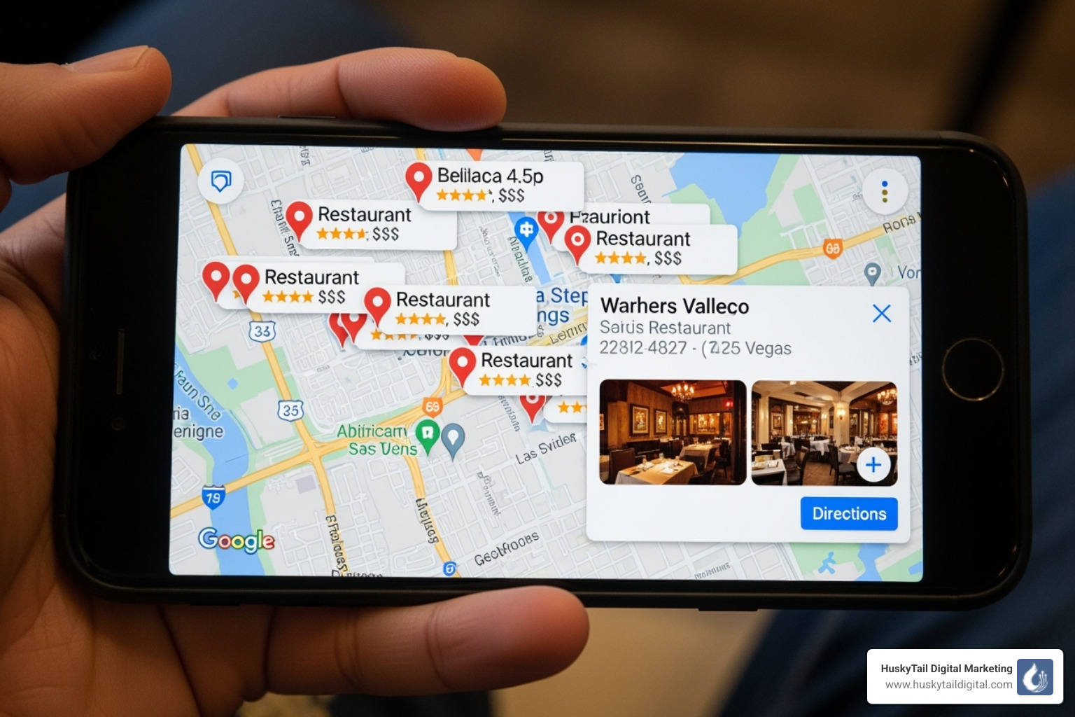 A smartphone displaying a Google Maps search for "restaurants near me" in Las Vegas, showing several local restaurant listings with ratings and directions. - local seo company las vegas A smartphone displaying a Google Maps search for "restaurants near me" in Las Vegas, showing several local restaurant listings with ratings and directions. - local seo company las vegas