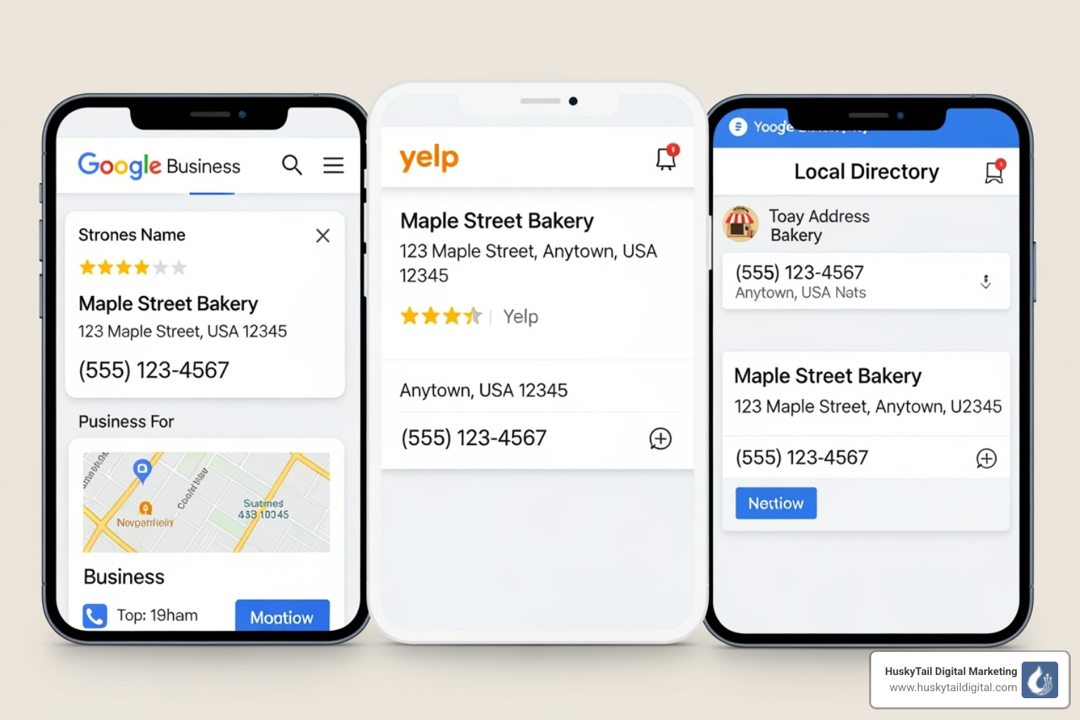 Business's consistent NAP on Google, Yelp, and a local directory - local map pack optimization Business's consistent NAP on Google, Yelp, and a local directory - local map pack optimization