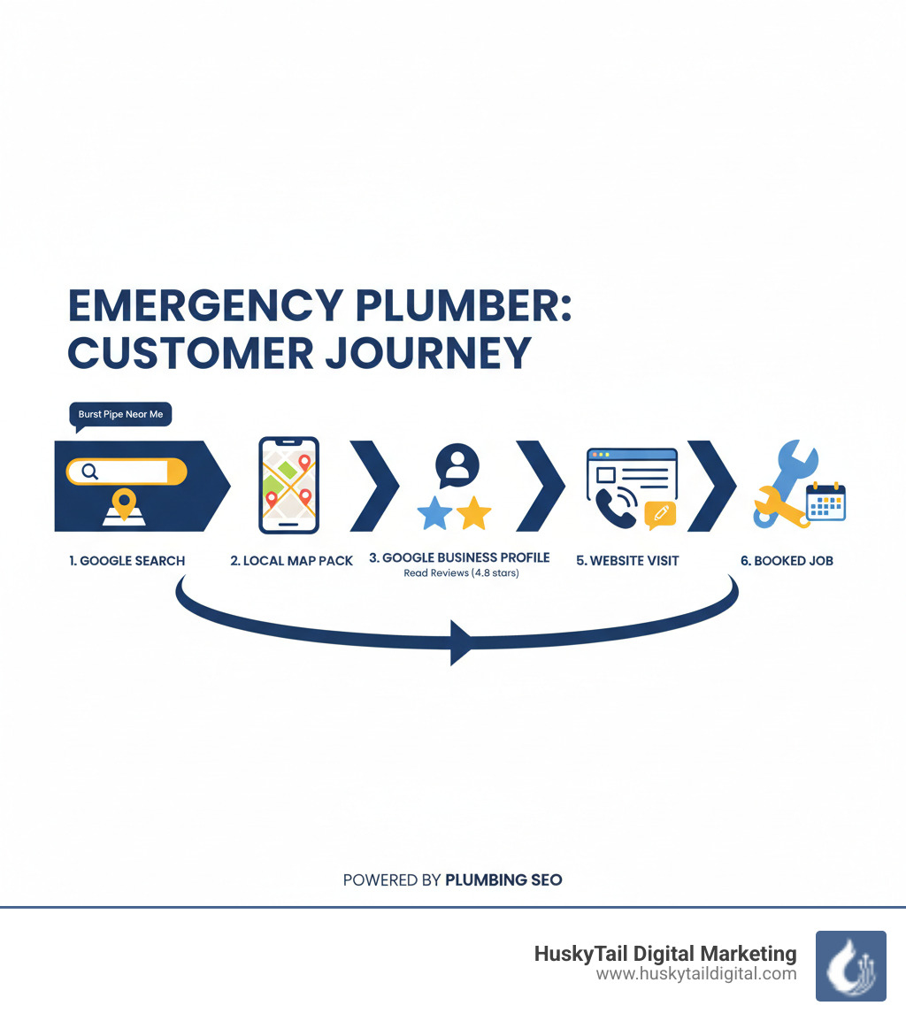 infographic showing customer journey from Google search for emergency plumber to phone call to booked job, with steps including local map pack appearance, clicking on Google Business Profile, reading reviews, visiting website, and calling or filling out contact form - plumbing seo services infographic 