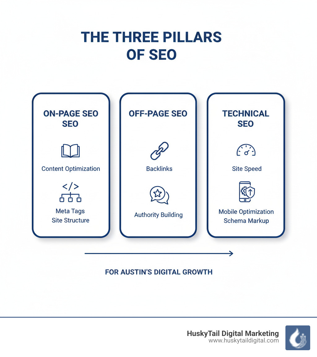 Infographic showing three pillars: On-Page SEO (content optimization, meta tags, site structure), Off-Page SEO (backlinks, citations, authority building), and Technical SEO (site speed, mobile optimization, schema markup) - search engine optimization austin infographic 