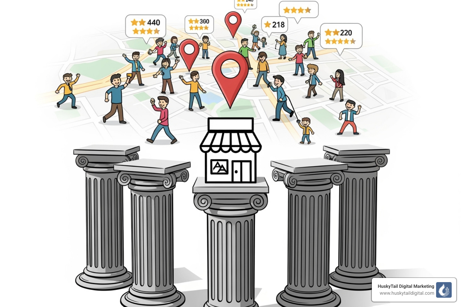 Image illustrating the five pillars of local SEO, where each pillar supports a central business icon, leading to higher rankings in a map interface with customers happily finding the business - local business seo denver Image illustrating the five pillars of local SEO, where each pillar supports a central business icon, leading to higher rankings in a map interface with customers happily finding the business - local business seo denver