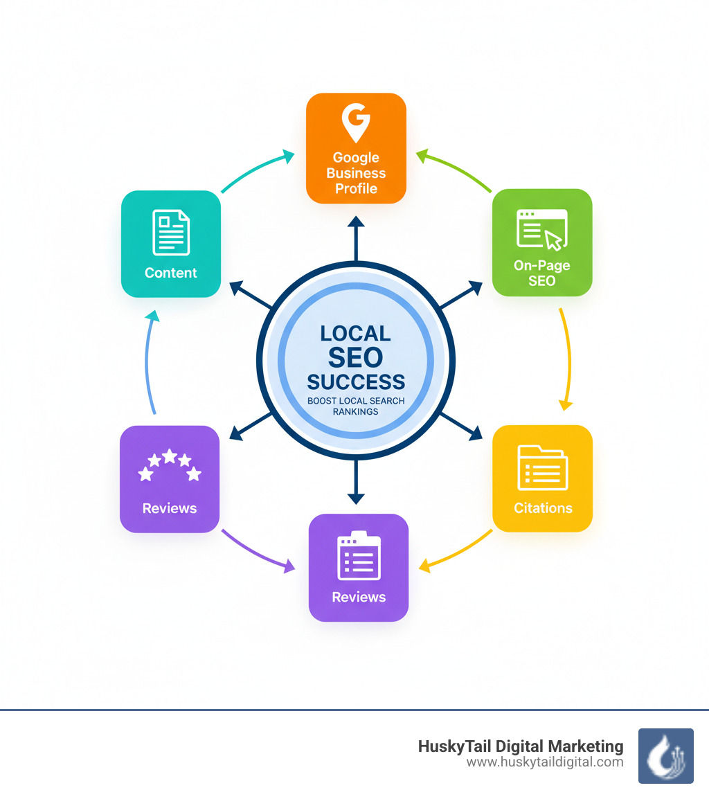 Infographic showing the five pillars of local SEO: A central circle labeled "Local SEO Success" with five connected elements - Google Business Profile with location pin icon, On-Page SEO with webpage icon, Citations with directory listing icon, Reviews with star rating icon, and Content with document icon, all interconnected with arrows showing how they work together to boost local search rankings - local business seo denver infographic  Infographic showing the five pillars of local SEO: A central circle labeled "Local SEO Success" with five connected elements - Google Business Profile with location pin icon, On-Page SEO with webpage icon, Citations with directory listing icon, Reviews with star rating icon, and Content with document icon, all interconnected with arrows showing how they work together to boost local search rankings - local business seo denver infographic