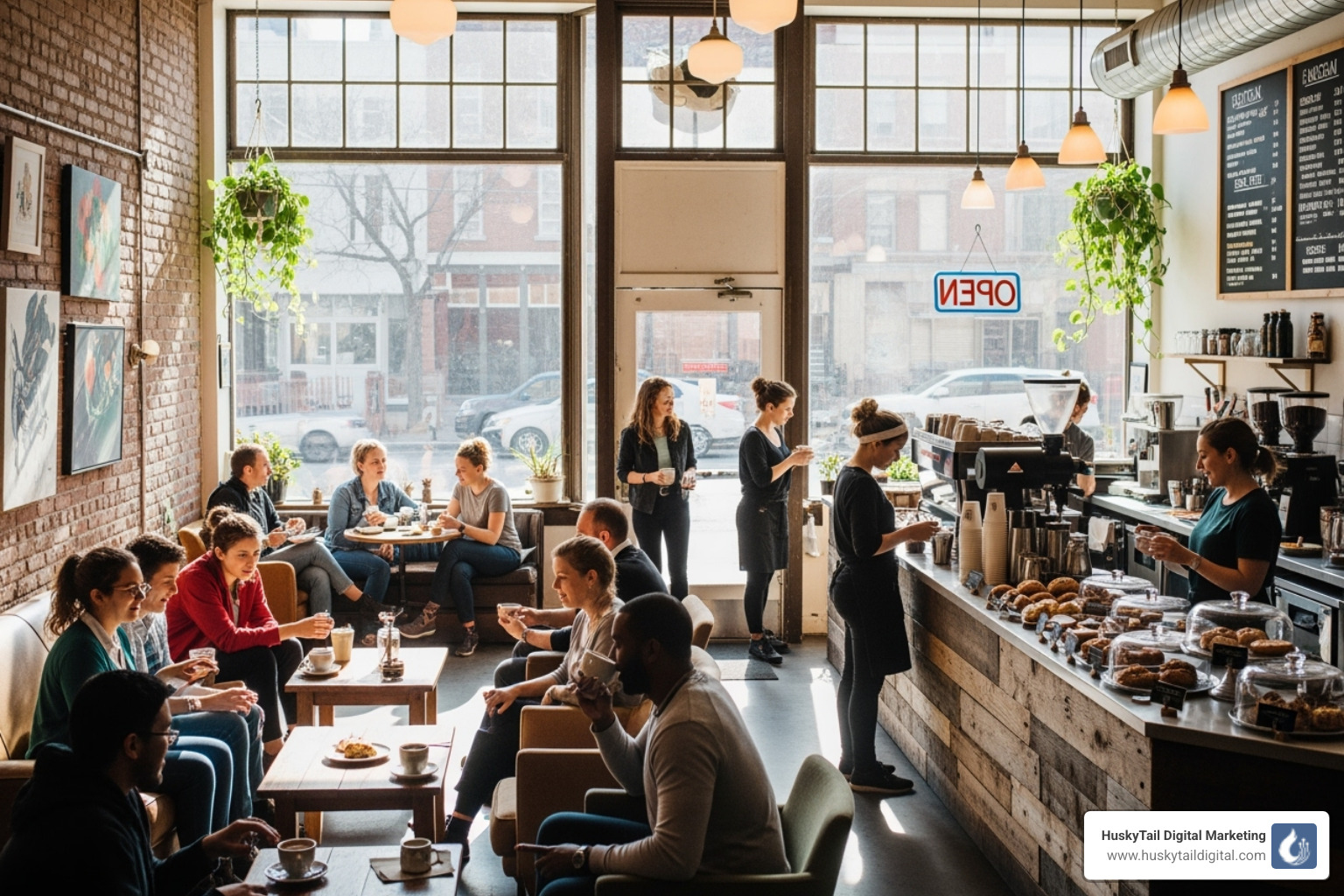 Image of a thriving local Denver coffee shop with happy customers inside, sunlight streaming through the windows, and a "Open" sign clearly visible, symbolizing business success and customer satisfaction - local business seo denver Image of a thriving local Denver coffee shop with happy customers inside, sunlight streaming through the windows, and a "Open" sign clearly visible, symbolizing business success and customer satisfaction - local business seo denver