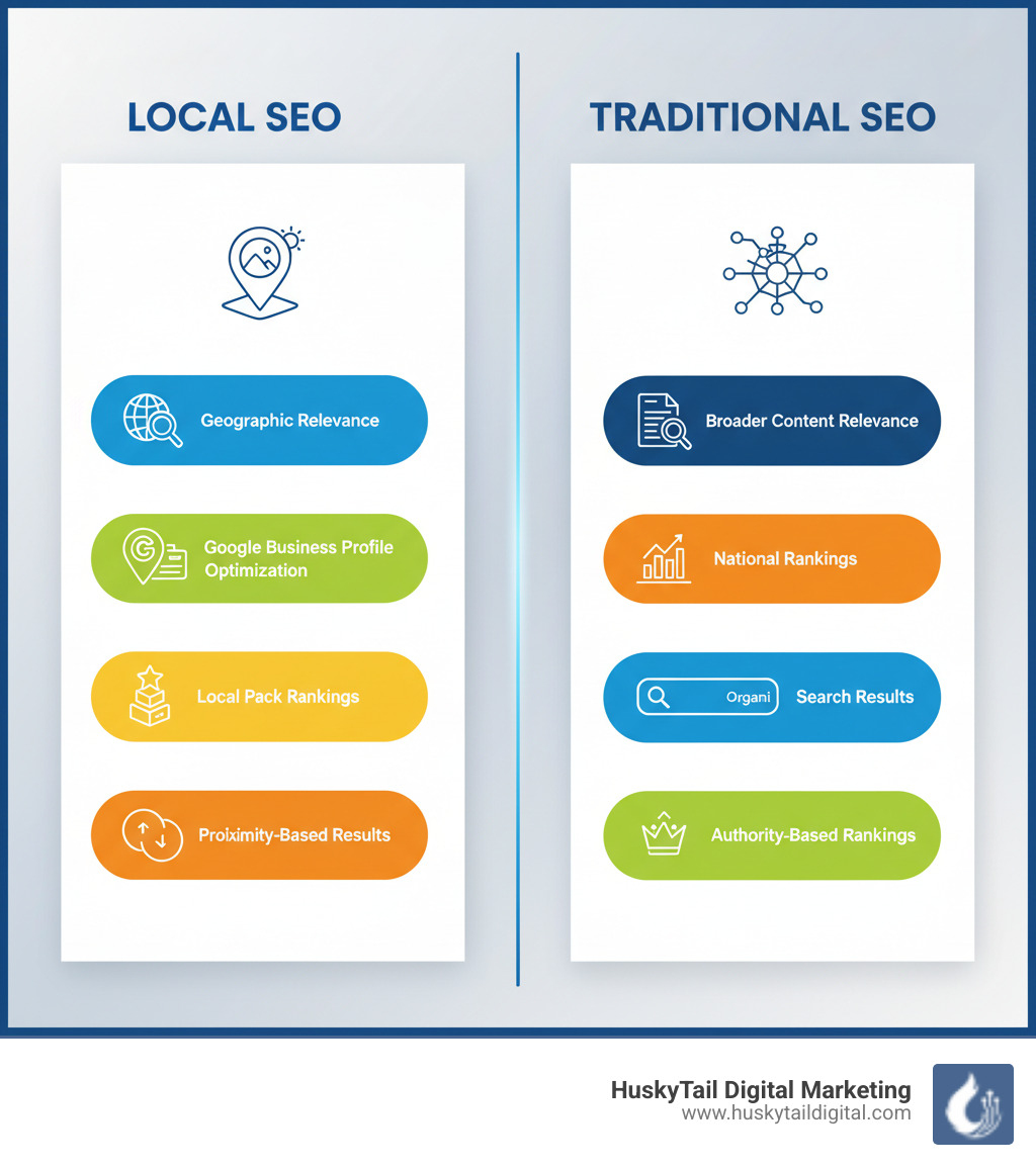 infographic showing the difference between local seo and traditional seo, with local seo focusing on geographic relevance, google business profile optimization, local pack rankings, and proximity-based results, while traditional seo focuses on broader content relevance, national rankings, organic search results, and authority-based rankings - phoenix local seo infographic  infographic showing the difference between local seo and traditional seo, with local seo focusing on geographic relevance, google business profile optimization, local pack rankings, and proximity-based results, while traditional seo focuses on broader content relevance, national rankings, organic search results, and authority-based rankings - phoenix local seo infographic