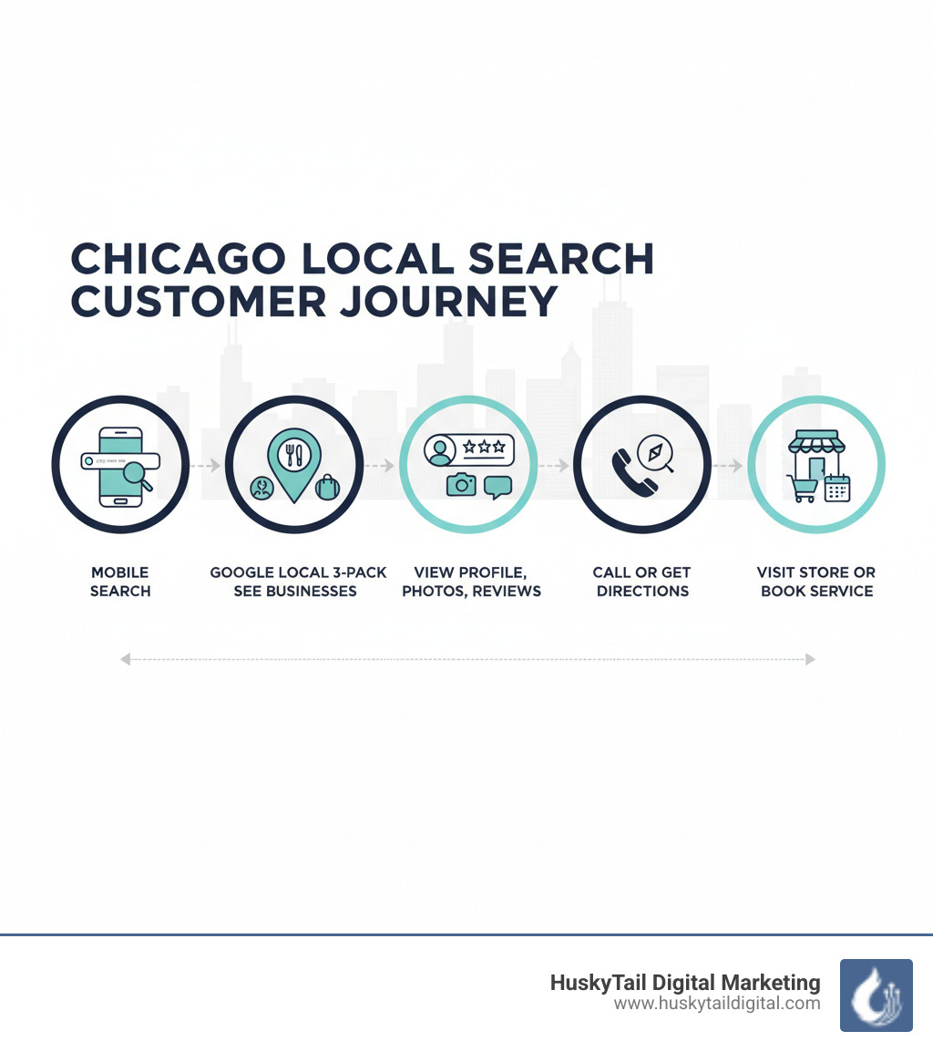 Infographic showing the local search customer journey: Customer searches on mobile > Sees Google Local 3-Pack with top businesses > Clicks to view profile, photos, reviews > Calls business or gets directions > Visits store or books service - chicago local search marketing infographic  Infographic showing the local search customer journey: Customer searches on mobile > Sees Google Local 3-Pack with top businesses > Clicks to view profile, photos, reviews > Calls business or gets directions > Visits store or books service - chicago local search marketing infographic