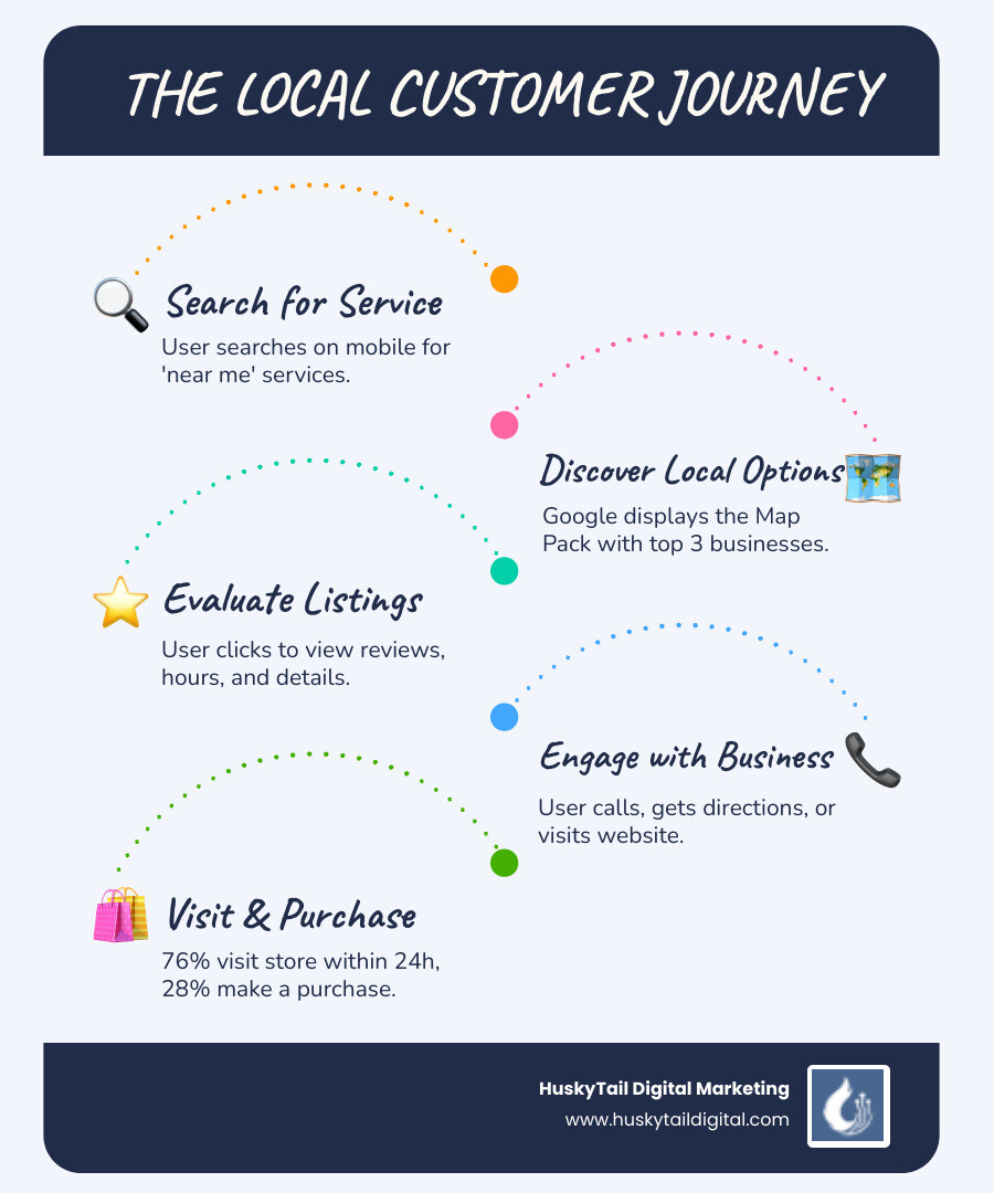 Infographic showing the local customer journey: 1) User searches on mobile for "near me" service 2) Google displays Map Pack with top 3 local businesses 3) User clicks business listing to view reviews and hours 4) User calls, gets directions, or visits website 5) 76% visit store within 24 hours, 28% make a purchase - agency specialized in local seo in miami infographic infographic-line-5-steps-blues-accent_colors Infographic showing the local customer journey: 1) User searches on mobile for "near me" service 2) Google displays Map Pack with top 3 local businesses 3) User clicks business listing to view reviews and hours 4) User calls, gets directions, or visits website 5) 76% visit store within 24 hours, 28% make a purchase - agency specialized in local seo in miami infographic infographic-line-5-steps-blues-accent_colors