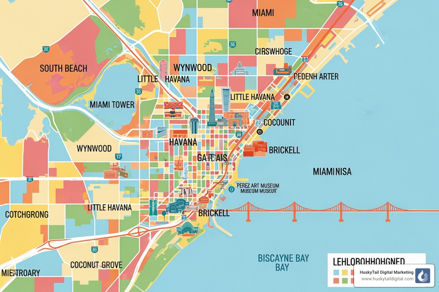 Map of Miami highlighting diverse neighborhoods - agency specialized in local seo in miami Map of Miami highlighting diverse neighborhoods - agency specialized in local seo in miami