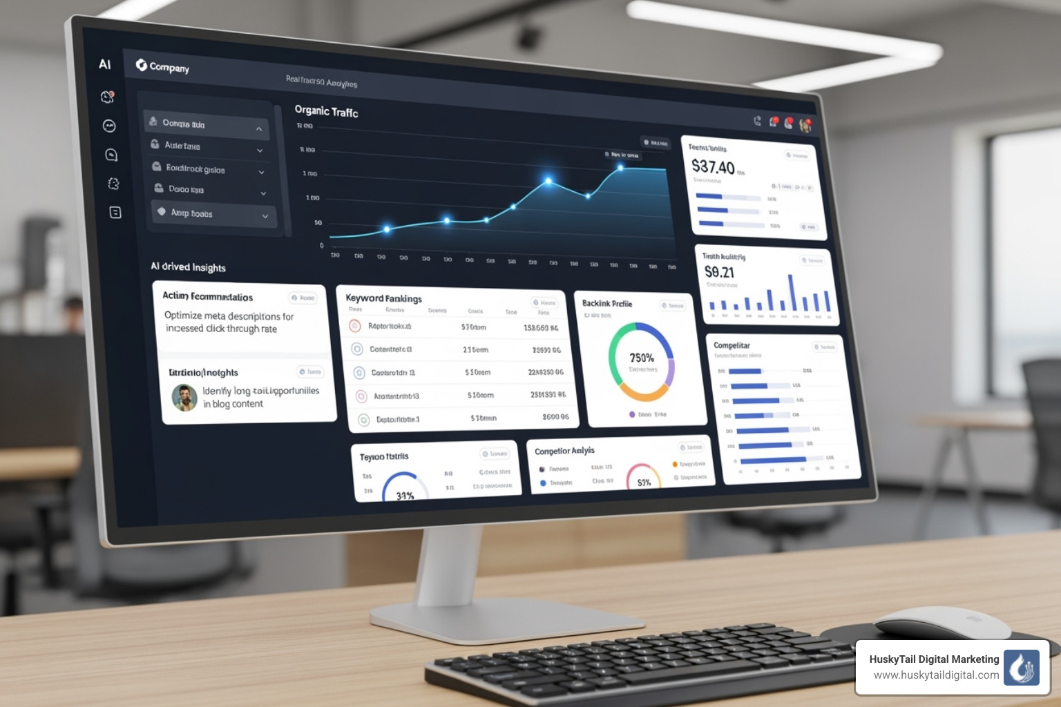 An AI-powered analytics dashboard displaying various SEO metrics and performance trends - san diego seo agency An AI-powered analytics dashboard displaying various SEO metrics and performance trends - san diego seo agency