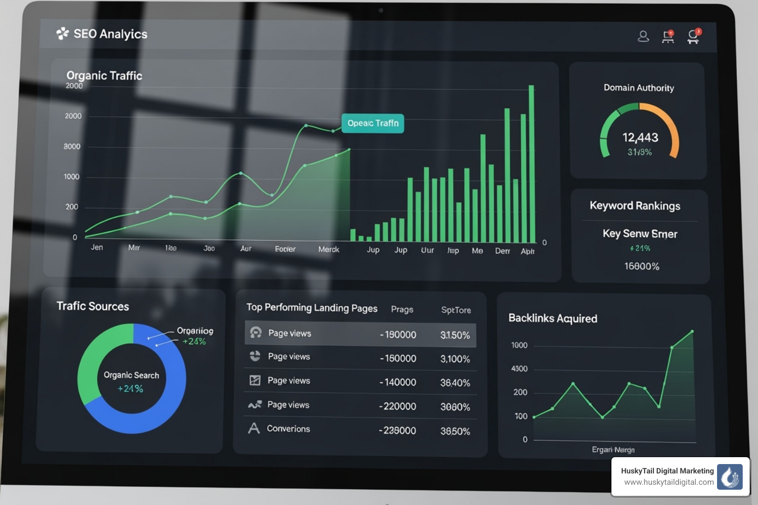 Sample SEO analytics dashboard showing positive growth - local seo for tampa bay businesses