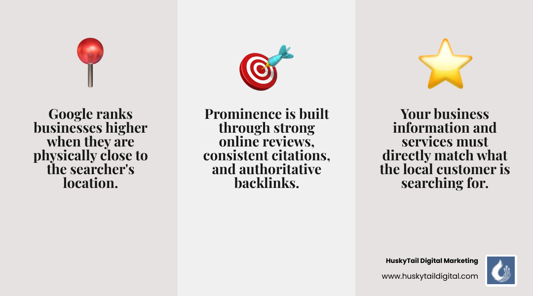 Infographic showing the three pillars of local SEO: Proximity (how close your business is to the searcher), Relevance (how well your business matches what they're searching for), and Prominence (how well-known and trusted your business is online through reviews, citations, and links) - local seo for tampa bay businesses infographic 3_facts_emoji_grey