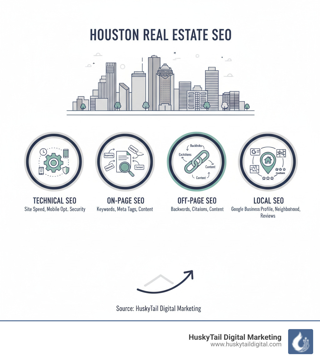 Infographic showing the four key pillars of real estate SEO: Technical SEO (site speed, mobile optimization, security), On-Page SEO (keywords, meta tags, content), Off-Page SEO (backlinks, citations, content), and Local SEO (Google Business Profile, neighborhood content, reviews) - Houston real estate SEO infographic  Infographic showing the four key pillars of real estate SEO: Technical SEO (site speed, mobile optimization, security), On-Page SEO (keywords, meta tags, content), Off-Page SEO (backlinks, citations, content), and Local SEO (Google Business Profile, neighborhood content, reviews) - Houston real estate SEO infographic