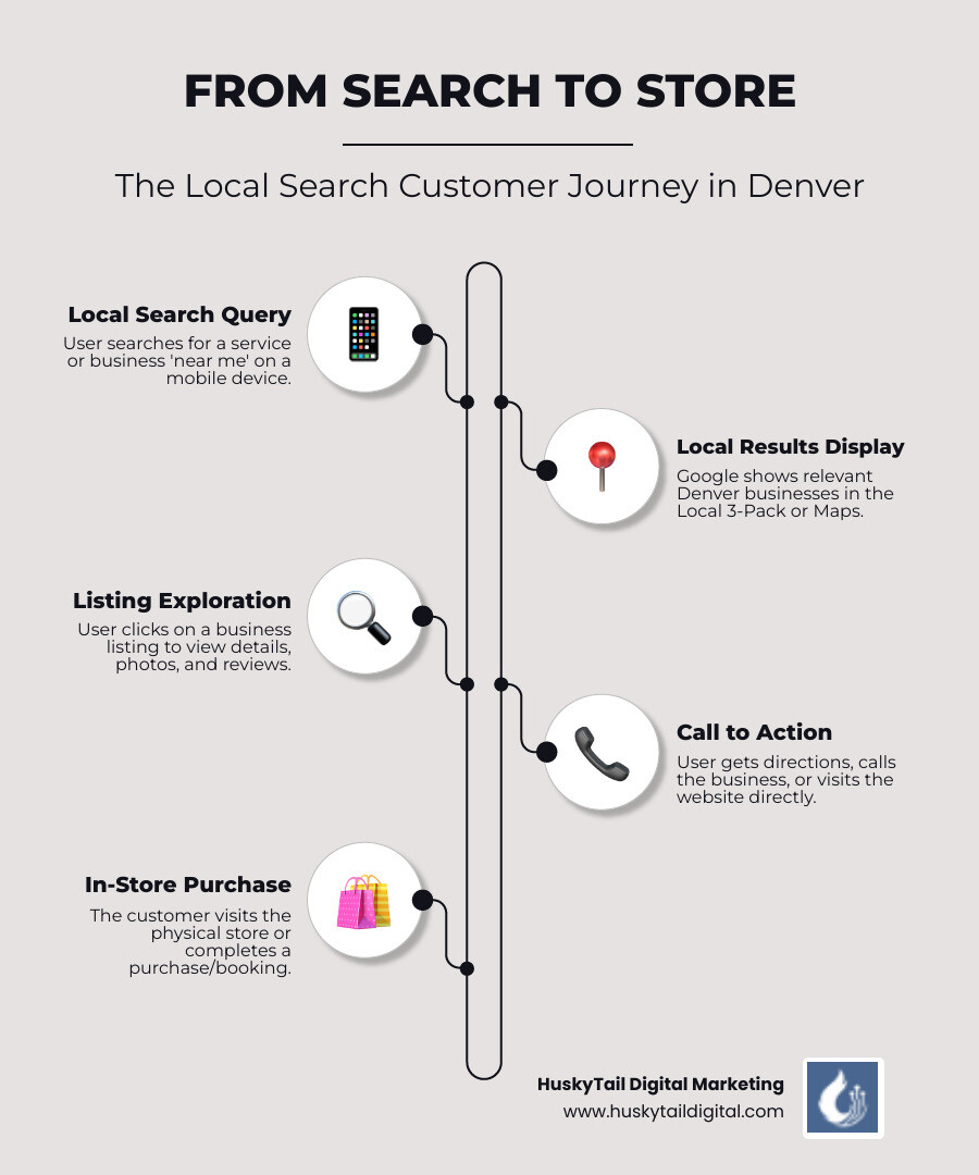 Infographic showing the customer journey from a local search query to in-store purchase, including steps: User searches on mobile device > Google displays Local 3-Pack results > User clicks on business listing > User views photos and reviews > User clicks directions or calls > Customer visits store or makes purchase - Local SEO Denver infographic infographic-line-5-steps-elegant_beige Infographic showing the customer journey from a local search query to in-store purchase, including steps: User searches on mobile device > Google displays Local 3-Pack results > User clicks on business listing > User views photos and reviews > User clicks directions or calls > Customer visits store or makes purchase - Local SEO Denver infographic infographic-line-5-steps-elegant_beige