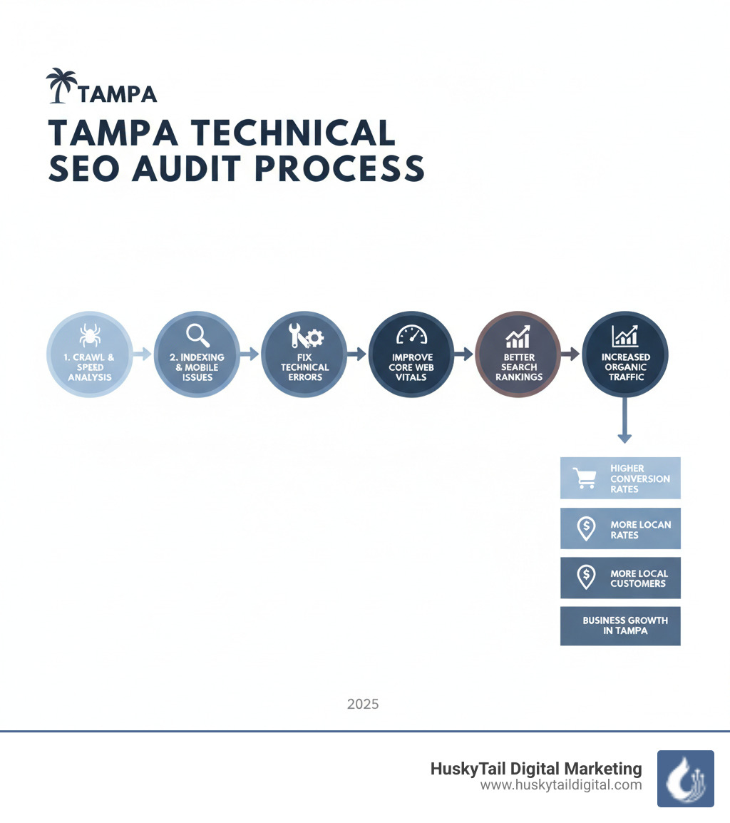 Infographic showing the technical SEO audit process: from initial crawl analysis and site speed testing, through identifying indexing issues and mobile responsiveness problems, to fixing technical errors and improving Core Web Vitals, ultimately leading to better search rankings, increased organic traffic, and higher conversion rates for Tampa businesses - technical seo audit tampa infographic  Infographic showing the technical SEO audit process: from initial crawl analysis and site speed testing, through identifying indexing issues and mobile responsiveness problems, to fixing technical errors and improving Core Web Vitals, ultimately leading to better search rankings, increased organic traffic, and higher conversion rates for Tampa businesses - technical seo audit tampa infographic