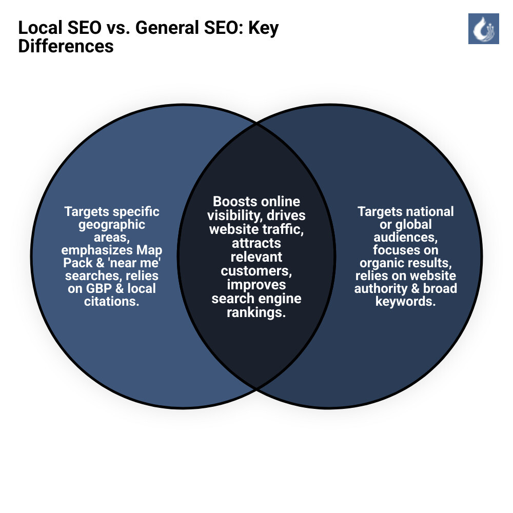 Infographic comparing Local SEO vs General SEO: Local SEO targets specific geographic areas, appears in Google Map Pack, uses Google Business Profile, focuses on NAP citations, targets 'near me' searches, and ranks based on proximity and local signals. General SEO targets national/global audiences, appears in organic results only, focuses on website authority, uses traditional backlinks, targets broad keywords, and ranks based on content relevance and domain authority. - local seo services infographic venn_diagram Infographic comparing Local SEO vs General SEO: Local SEO targets specific geographic areas, appears in Google Map Pack, uses Google Business Profile, focuses on NAP citations, targets 'near me' searches, and ranks based on proximity and local signals. General SEO targets national/global audiences, appears in organic results only, focuses on website authority, uses traditional backlinks, targets broad keywords, and ranks based on content relevance and domain authority. - local seo services infographic venn_diagram