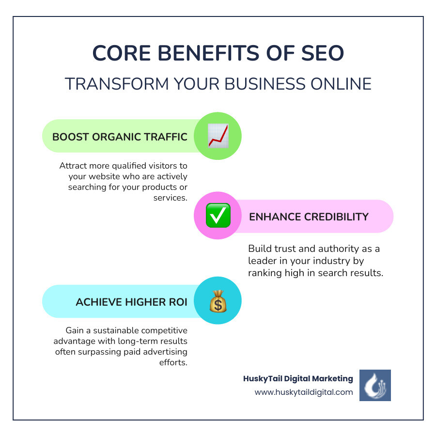 infographic showing core benefits of SEO: increased organic traffic flowing into a website funnel, trust badge representing improved credibility, and upward trending graph showing higher ROI compared to paid advertising - seo consultant infographic infographic-line-3-steps-colors infographic showing core benefits of SEO: increased organic traffic flowing into a website funnel, trust badge representing improved credibility, and upward trending graph showing higher ROI compared to paid advertising - seo consultant infographic infographic-line-3-steps-colors