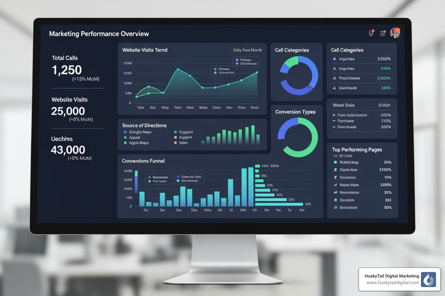 Dashboard showing local SEO KPIs like calls, directions, website visits, and conversions - local seo service phoenix