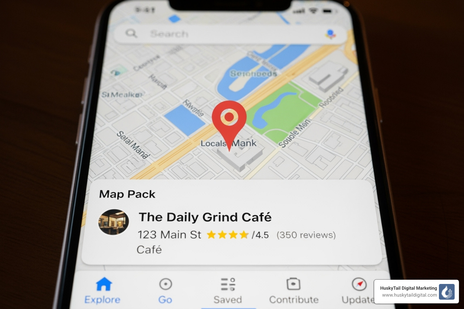 Smartphone showing a business prominently featured in the Google Map Pack results - local seo san francisco