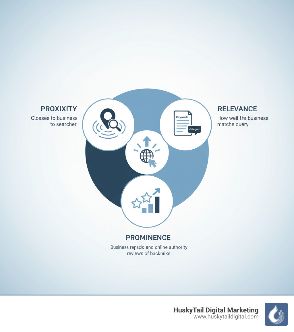 Infographic showing Local SEO ranking factors: Proximity (how close your business is to the searcher), Relevance (how well your business matches the search query through keywords, categories, and content), and Prominence (how well-known your business is based on reviews, backlinks, and online mentions) - local seo san francisco infographic 