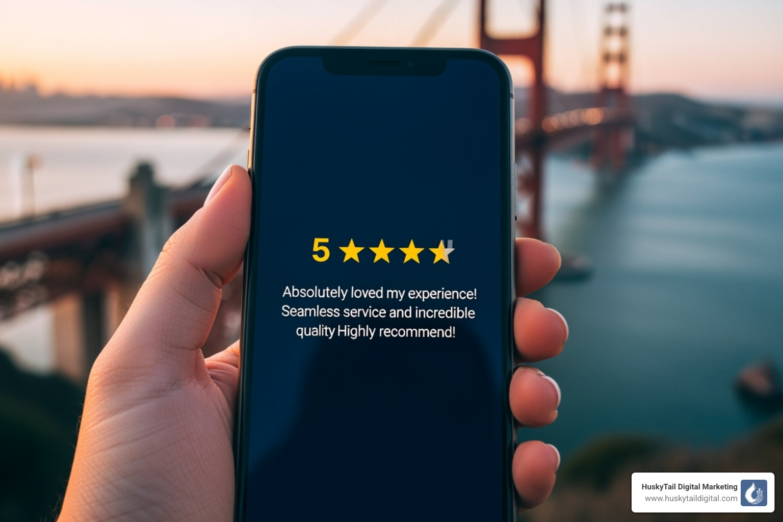 A phone screen displaying a 5-star customer review for a local San Francisco business, with the Golden Gate Bridge in the blurred background - local seo san francisco
