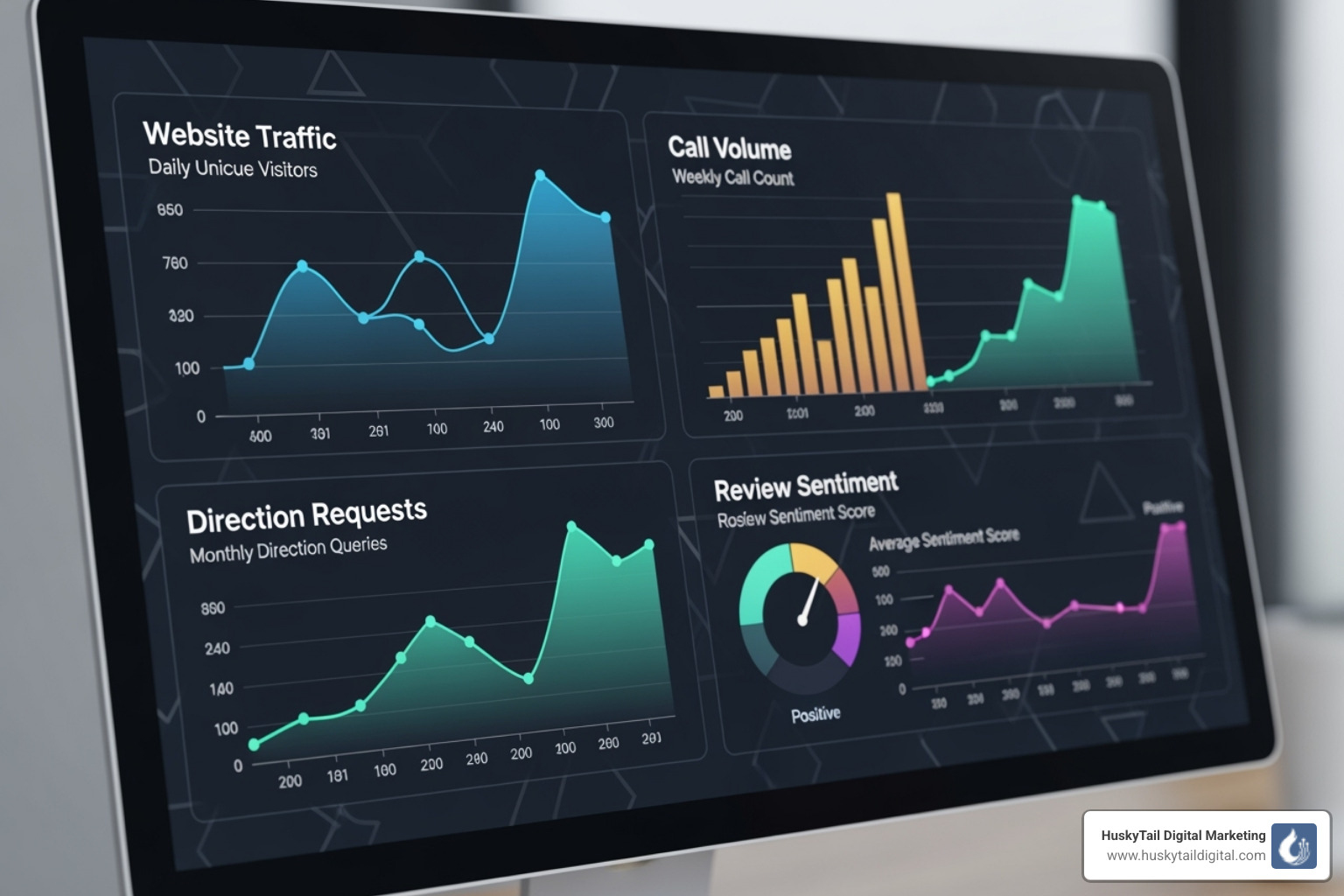 A vibrant digital dashboard displaying various local SEO metrics, including graphs for website traffic, call volume, direction requests, and review sentiment, all showing positive growth trends - local seo san francisco