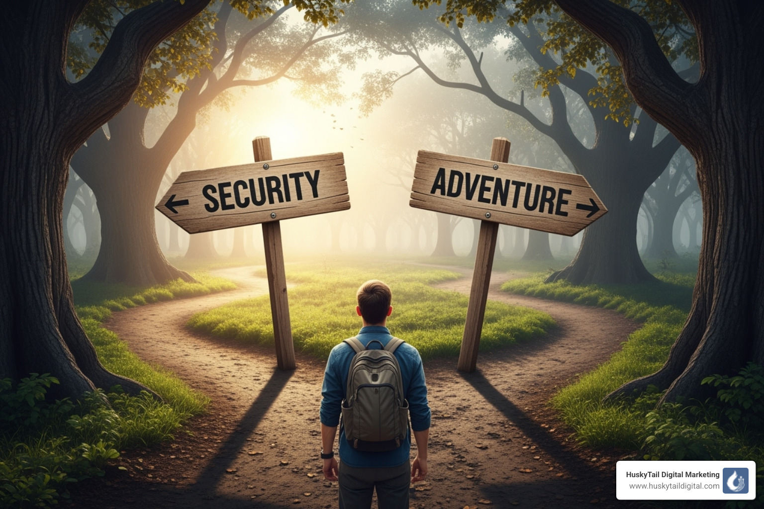 person at a crossroads with signs pointing to "PFP SEO" and "Traditional SEO" - pay for performance seo