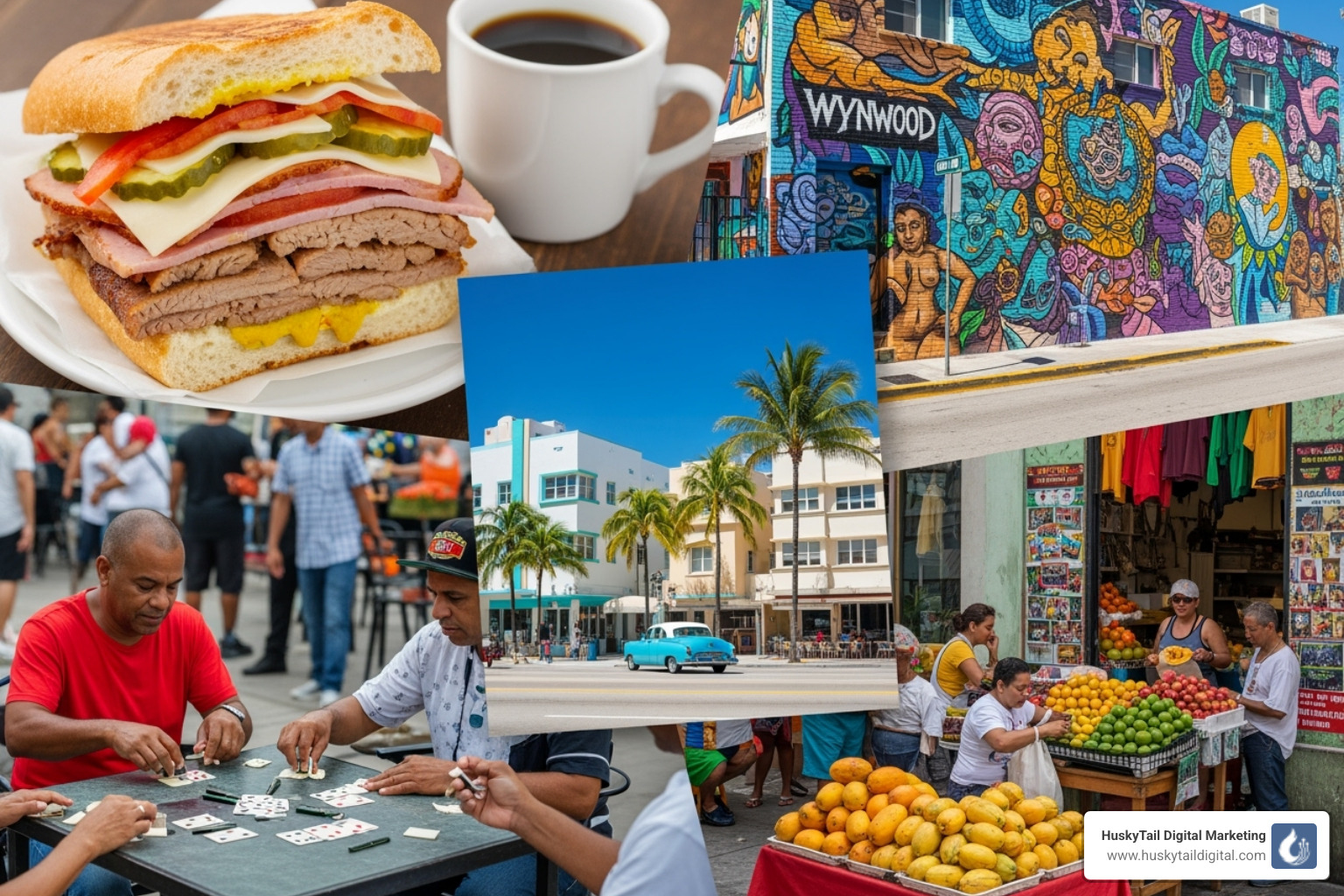 a collage showing Miami's diverse culture: food, art, different neighborhoods - local seo miami