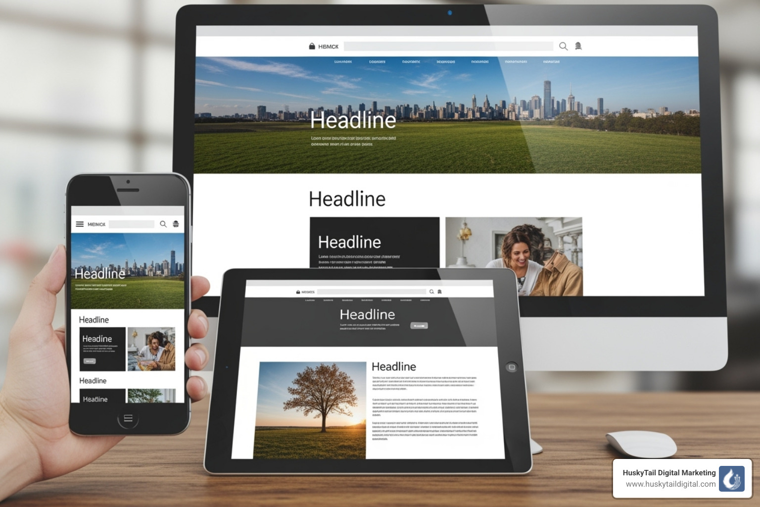 A website displayed across a phone, tablet, and desktop to illustrate responsive design - local seo san diego A website displayed across a phone, tablet, and desktop to illustrate responsive design - local seo san diego