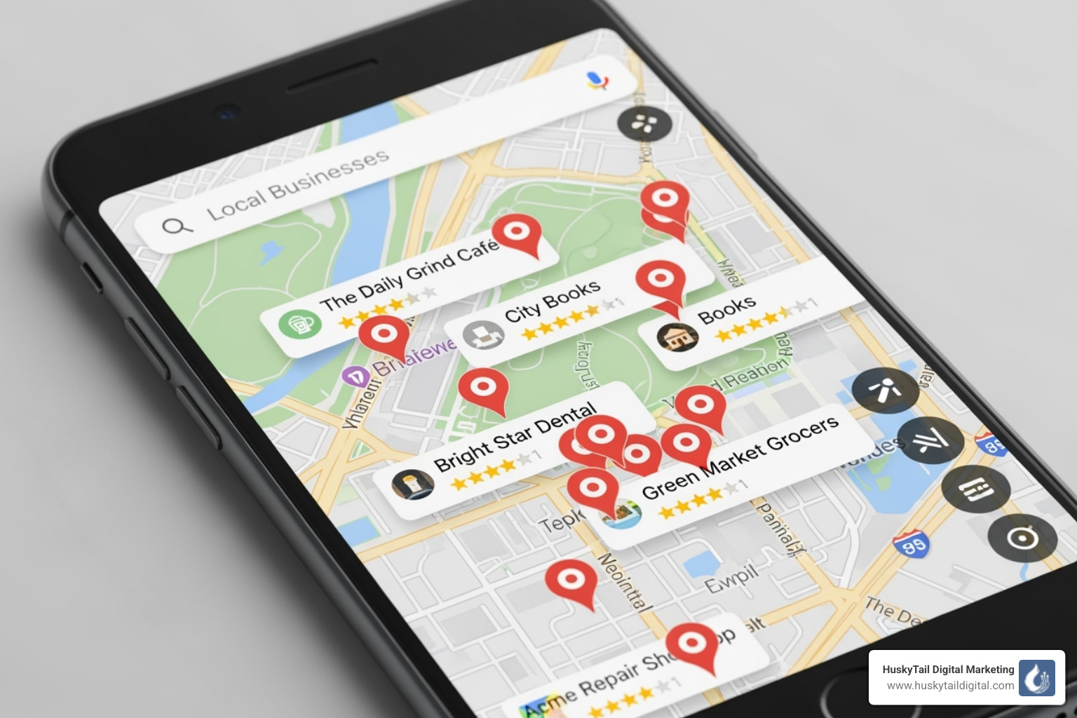Google Maps interface on a phone showing local businesses - local seo san diego Google Maps interface on a phone showing local businesses - local seo san diego